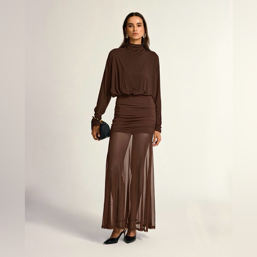 Commense Turtleneck Long Sleeve Drape Ruched Mesh Dress
Color: Dark Brown